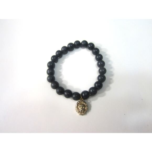 Black Onyx Goth Gold Tone Lyon Bead Stretch Bracelet 5 3/4" Boho Whimsigoth - Picture 1 of 4